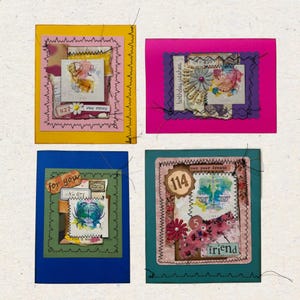 Lot de 4. Cartes de collage uniques en leur genre, fabriquées à la main à partir de chutes de papier. (Thème astrologique)