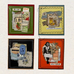 Lot de 4. Cartes de collage uniques en leur genre, fabriquées à la main à partir de chutes de papier. Inspirant.