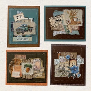 Lot de 4. Cartes de collage uniques en leur genre, fabriquées à la main à partir de chutes de papier. Thème de la ferme.