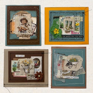 Lot de 4. Cartes de collage uniques en leur genre, fabriquées à la main à partir de chutes de papier. Thème de la ferme.
