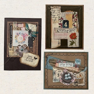 Lot de 3. cartes de collage uniques en leur genre fabriquées à la main à partir de chutes de papier avec une salutation.