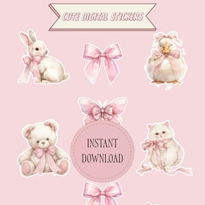 Cute Pink Bow Animal Stickers – Vintage Pastel Digital Download – Bunny, Swan, Bear, Cat, Duck, Bird Printable Planner Stickers A4