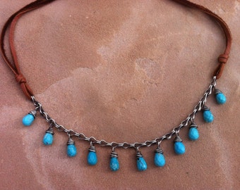 Turquoise drops on silver and leather necklace