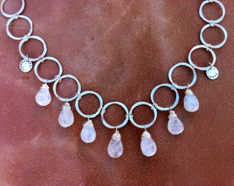 Artisan jewelry Silver links, rainbow moonstone drops, sun coins, gold inlay necklace