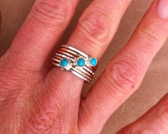 Triple turquoise hammered stack ring silver and gold