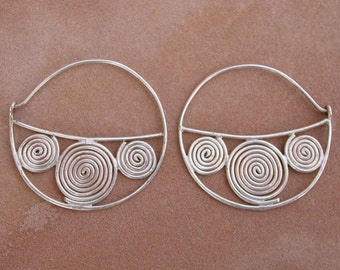 Hammered Silver Spiral Hoops Bohemian Gypsy Style