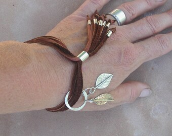 Silver Leaves and Leather Tassle Bracelet