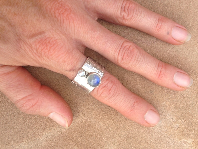 Silver Wide Band Rainbow Moonstone and Pearl Ring