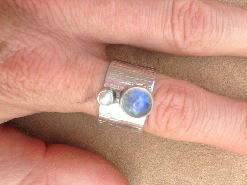 Silver Wide Band Rainbow Moonstone and Pearl Ring