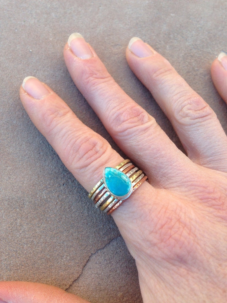 Turquoise teardrop mixed metal stacking ring image 2