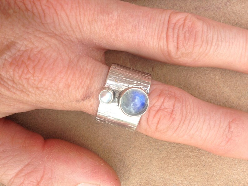 Silver Wide Band Rainbow Moonstone and Pearl Ring