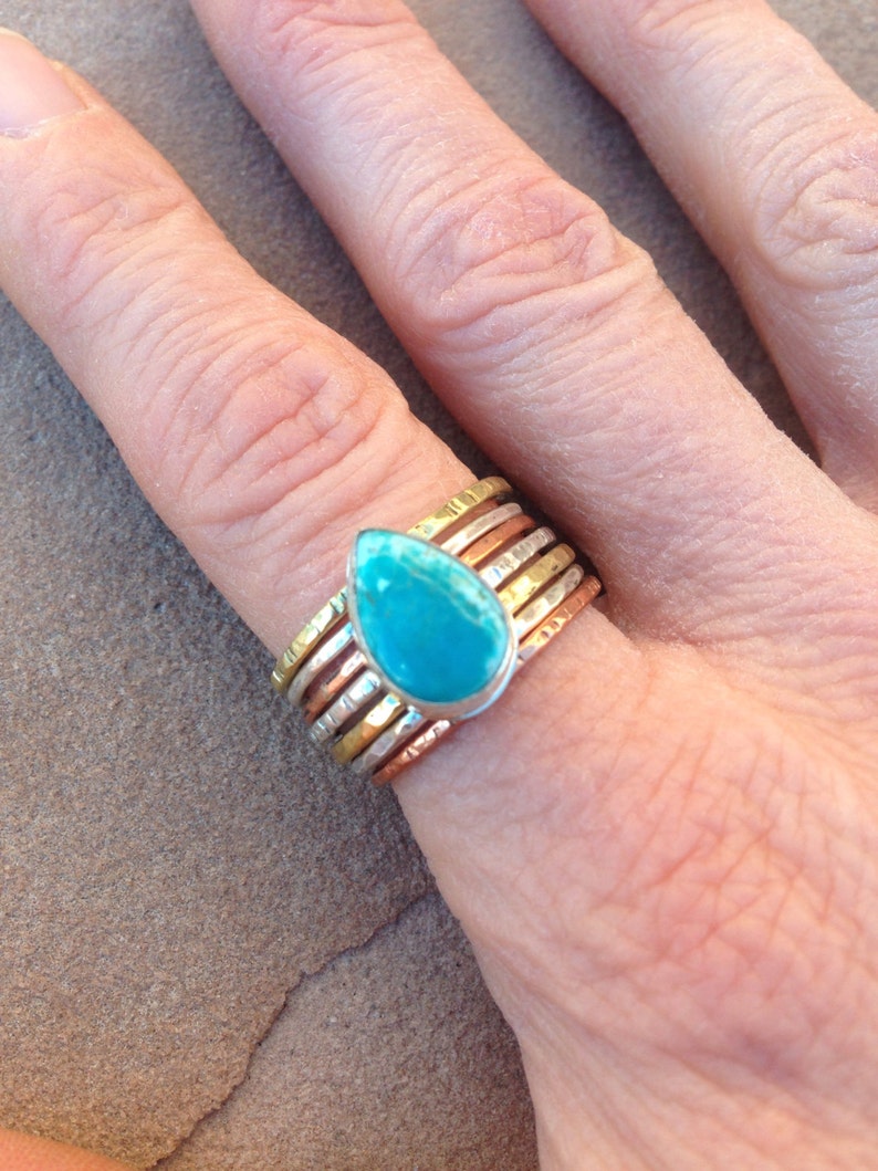 Turquoise teardrop mixed metal stacking ring image 1