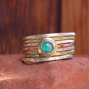 Hammered Stack Rings With Opal image 1