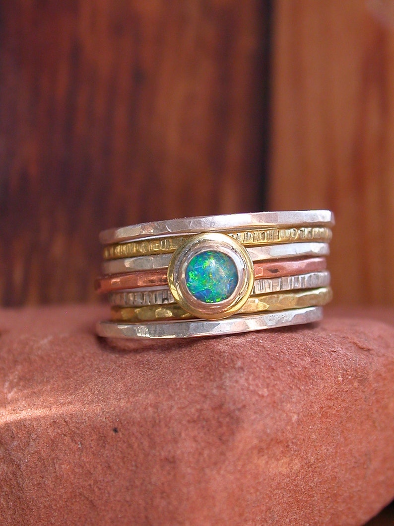 Hammered Stack Rings With Opal image 1