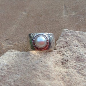 Wide silver hammered band with white pearl image 2
