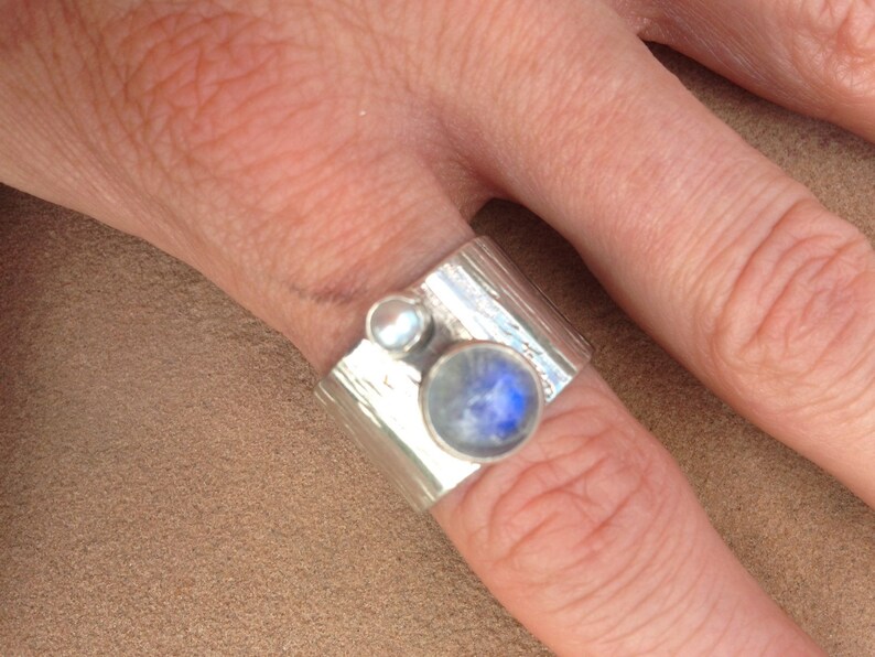 Silver Wide Band Rainbow Moonstone and Pearl Ring