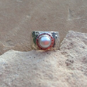 Wide silver hammered band with white pearl image 5