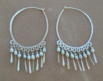 Large Silver Hoops with Gray Pearl Dangles
