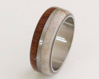 antler ring for man and woman all size titanium ring with Cumaru wood  deer antler band mens wedding band wood ring man wood ring