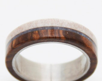 Antler Ring man ring wedding ring with antler and wood ring titanium band and lapis turquoise inlay