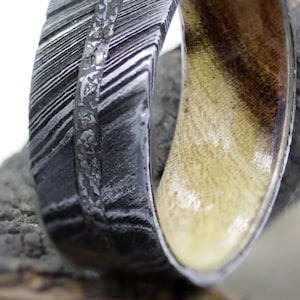 Damascus Steel Ring: Gibeon Meteorite & Mesquite Wood Inlay
