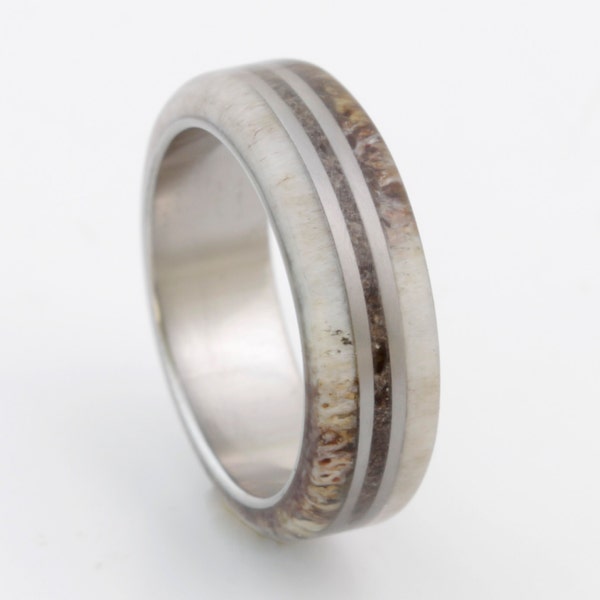 antler ring titanium ring with Dinosaur Bone deer antler band mens wedding band dino ring man wood ring