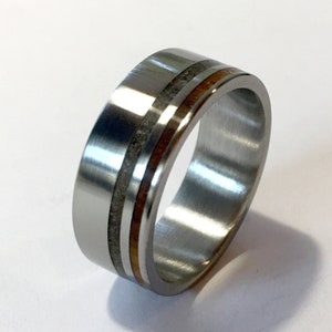 Dinosaur Fossil Titanium Ring – Flat Band, Ironwood Lined, Men’s Wedding Band, Prehistoric Jewelry, Rustic Promise Ring, Gift for Him