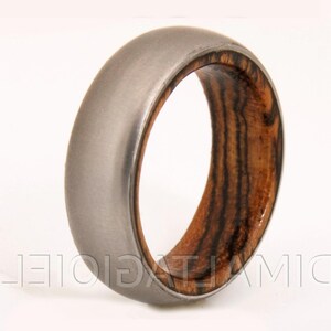 Handmade Brushed Titanium Wood Ring: Bocote Wedding Band, Comfort Fit