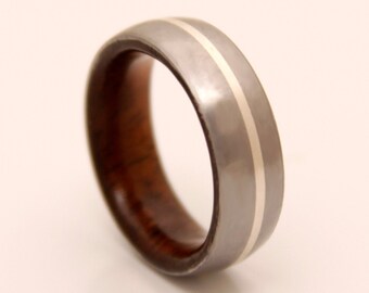 man wedding band wooden ring with Hawaiian koa lined with silver Mens Wedding Band hei her couple wood ring koa wood ring