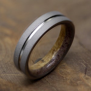 Red Garnet Titanium Ring: Whiskey Barrel Wood Band, Sandblasted