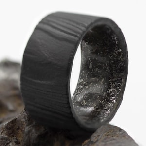 Unique Meteorite Ring For Him gibeon man ring meteorite rock Damascus steel wedding band titanium all size flat band black metal