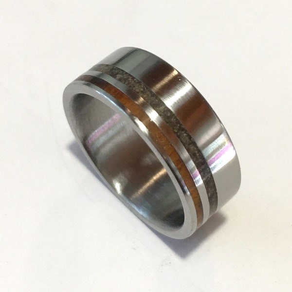 mens wedding ring with dinosaur bone and iron wood inlay fossil wedding ring wood ring titanium wedding bands