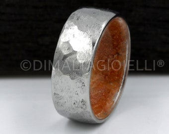 Coral ring men women hammered ring titanium silver finish polished raw stone ring mens wedding band size 3 to 16