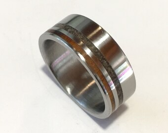 mens wedding ring with dinosaur bone and iron wood inlay fossil wedding ring wood ring titanium wedding bands