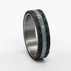 Damascus Steel Ring: Raw Turquoise Inlay, Titanium Band