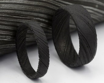 Damascus Steel Wedding Ring Set: Black Metal Beveled Band