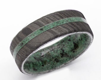 raw stone engagement ring Obsidian and Malachite ring for man and woman beveled Damascus steel ring black metal band size 3 to 16