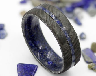 Damascus steel ring for man and woman lapis Lazuli wedding band raw stone alternative engagement stone ring blue band size 3 to 16