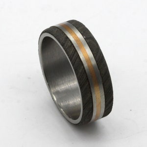 Damascus Steel Copper Inlay Ring: Titanium Band, Rustic Black Metal