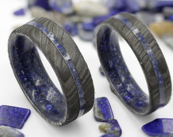 Damascus steel wedding set Lapis Lazuli wedding band beveled band black ring comfort fit man woman size raw stone ring set