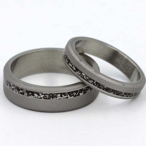 sandblast wedding ring set of 2 meteorite ring set wedding band man woman jewlery beveled band titanium inlay ring all size