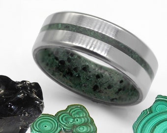 raw stone rough malachite obsidian man ring his her black green stone ring flat beveled band African stone ring size 3 to 16