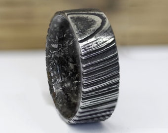 Unique Meteorite Ring For Him gibeon man ring meteorite rock Damascus steel wedding band titanium all size flat band shine finish