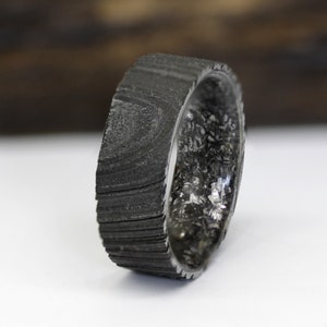 Unique Meteorite Ring For Him gibeon man ring meteorite rock Damascus steel wedding band titanium all size flat band black metal