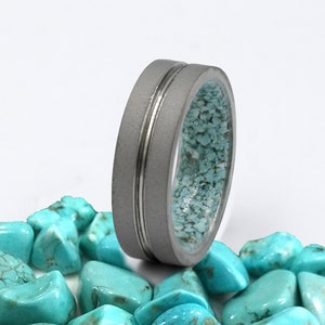 raw stone ring turquoise wedding band for an and woman all sizes sandblasted metal band flat profile lined comfort fit image 1