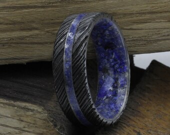 Lapis Lazuli ring men Damascus steel man ring black ring raw stone ring mens wedding band comfort fit women and men size