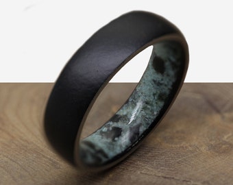 black wedding ring for men and woman matte black band turquoise ring obsidian raw stone dome profile comfort fit black metal titanium