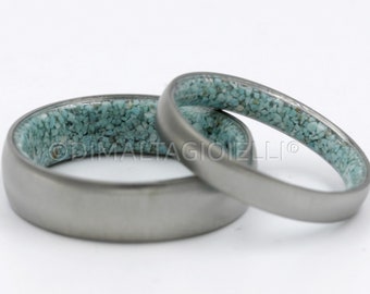 Turquoise wedding rings, Wedding rings set his and hers, round bands, pair of 2 rings, promise rings  6mm 4 mm, Mens wedding bands