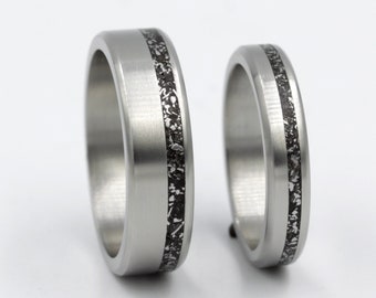 Unique Meteorite Ring set of 2 titanium and meteorite ring set beveled edge band brushed meteo inlay man woman ring