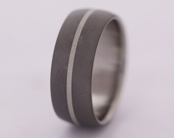 wedding band dome wedding ring titanium silver center inlay line sandblasted grey metal size 3 to 16 plain band